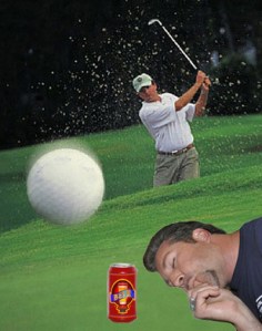Ned asleep on golf course w:beer