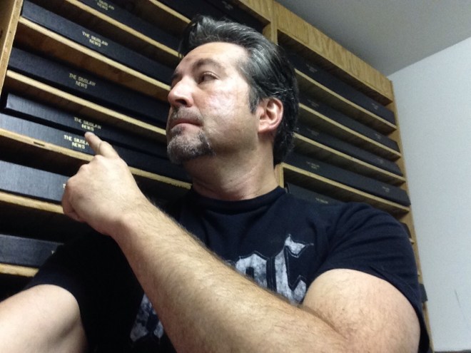 In the Siuslaw News archives, also known as "The Morgue," demonstrating how pointing adds an extra element of drama to an otherwise meaningless moment... 