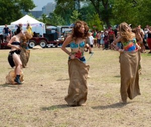 Sack races for flower children of all ages.
